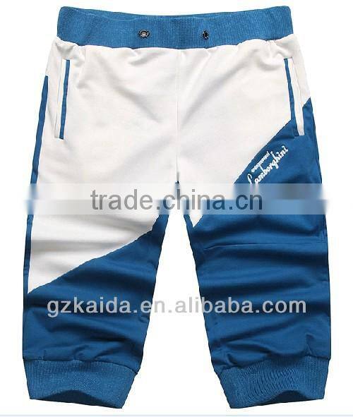 100% Cotton Sweater Cloth Men's Casual 3/4 Short Beach Pants with Joined Color Embroidery Contrast