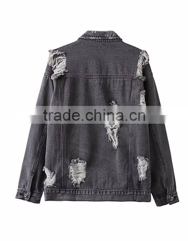 Runwaylover EY1070C 2017 Women Spring Autumn Hole Fashion Washed Denim Jackets