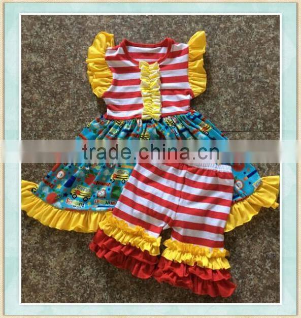 Back to school boutique outfit flutter sleeve and bule ruffle short pant holiday clothing kids sets