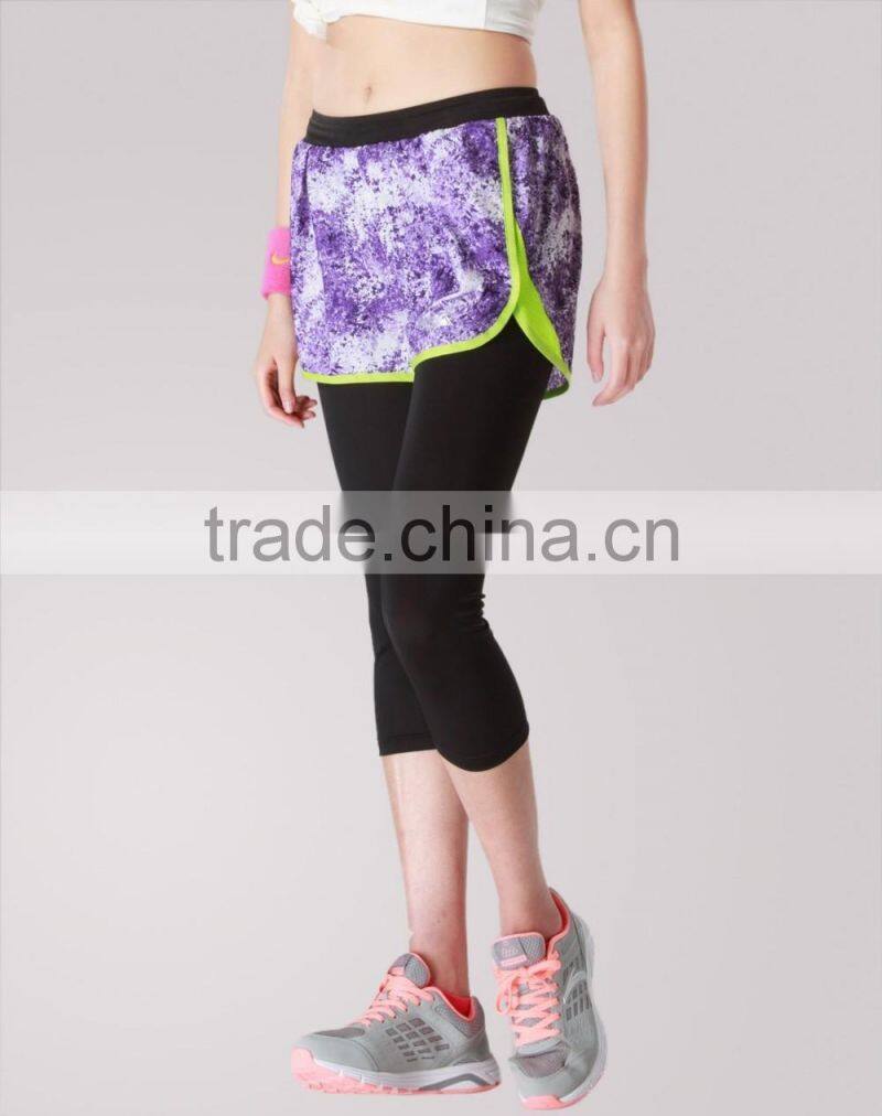 Ladies open-air spring/autumn slim fit fake two-piece 3/4 quick-dry purple mesh running/yoga sports pants