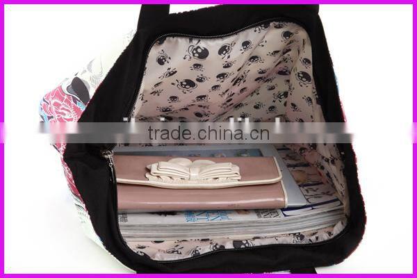 2014 fashion skull printed stripe canvas beach tote bag wholesale