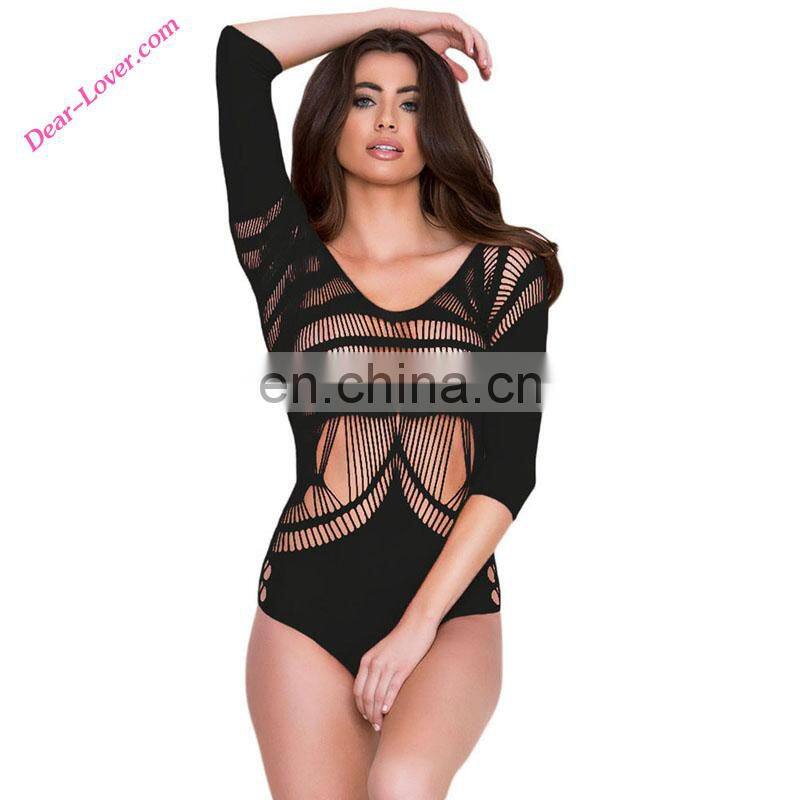 Black Shredded Long Sleeve Women Teddy for adults