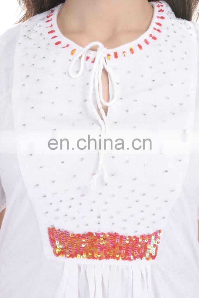 Indian Cotton Handmade Beaded Tunic White Dress Sexy Dress Hippie Boho Dress From India