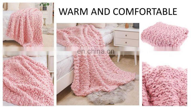 Heavy Cozy Premium Pink Chunky Handmade Knit Yarn Wool Blanket for Bedroom deco