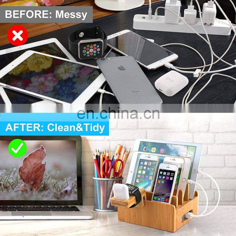 Bamboo Charging Stations for Multiple Devices Upgrade Desk Docking Station Organizer for Cell Phones Tablet Smart Watch & Earpod