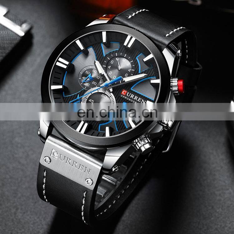 CURREN 8346 Men Black Leather Strap Analog Quartz Watches Chronograph Calendar Luminous Mens Wrist Watch
