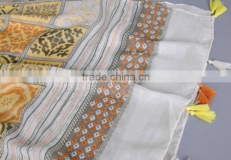 Yellow Leaf Flower Print Women Ladies Tassel Viscose Hijab Scarf Muslim