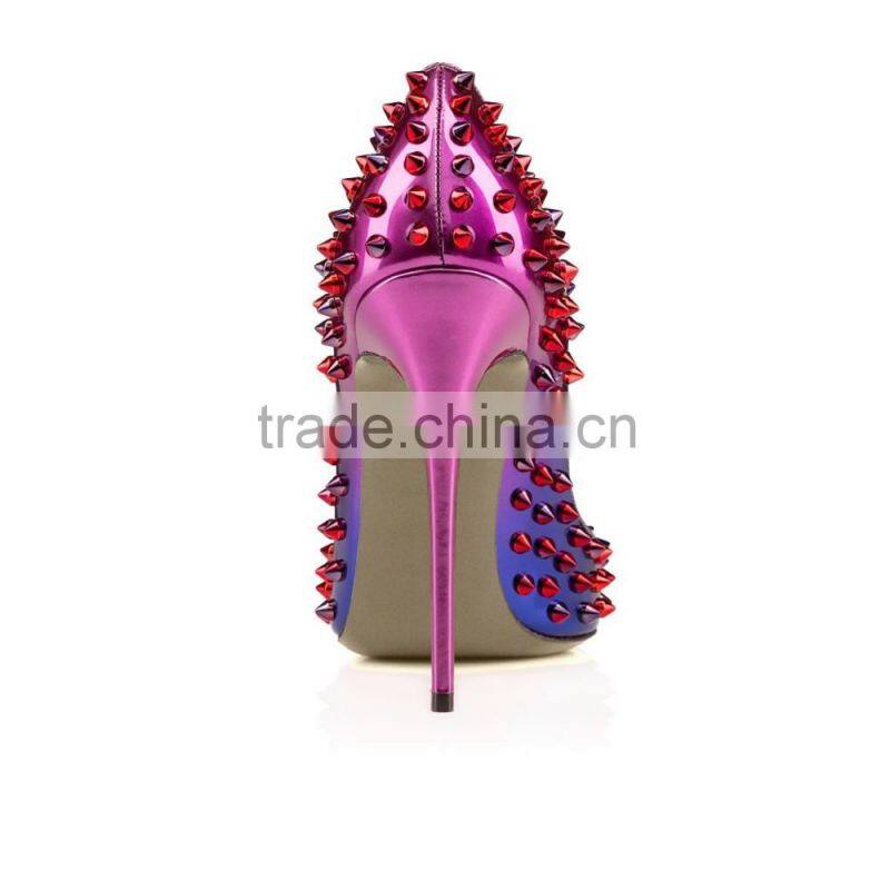 Catwalk Manufacturer Ladies Pointed Toe Dress Shoes Famous Brand Name Woman Stiletto Ombre Color Leather Sexy Spikes Women Heels