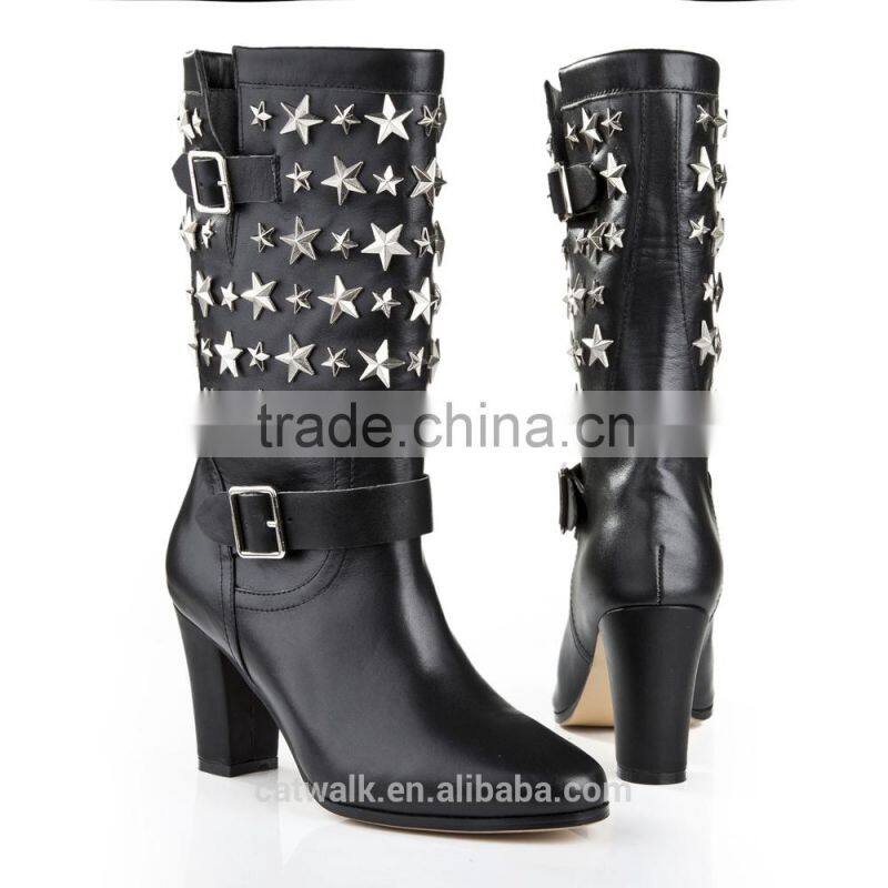 Chunky heel high ankle boots five star embelished front buckle rubber boots wholesale women shoes boots