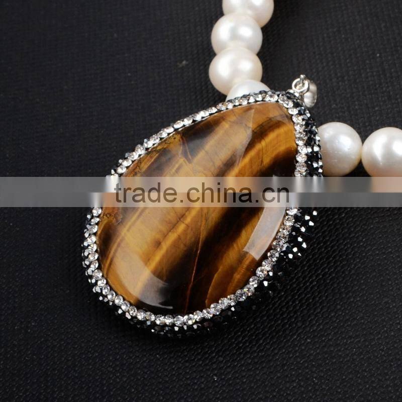 Tiger eye gemstone pendant, Pearl Jewelry & Drop Shape Tiger's Eye & Zircon Pendant Bead Silver Plated Clasp