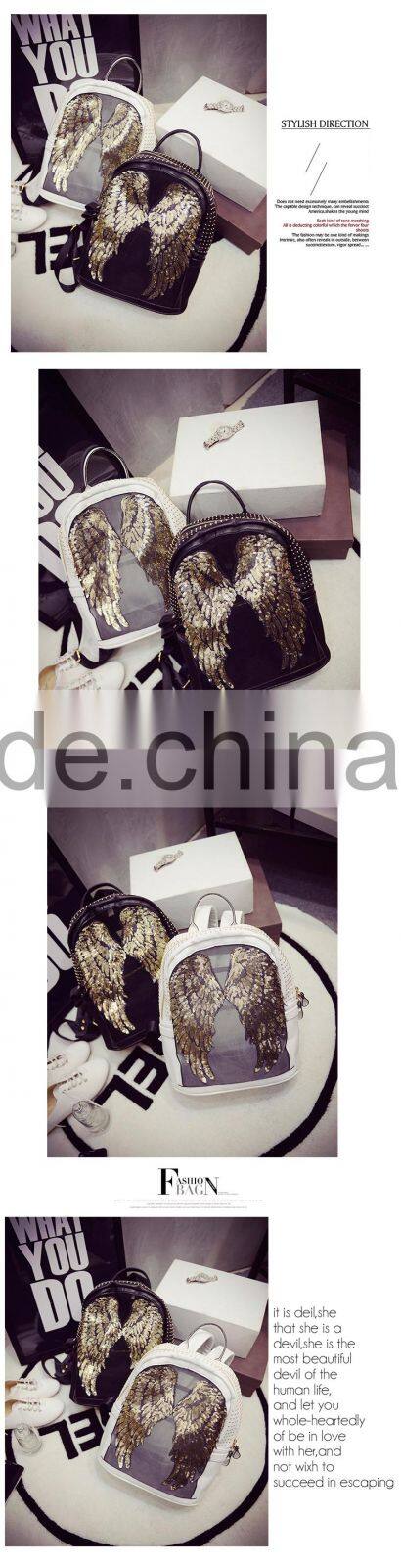 Korea fashion paillette women leather backpack outdoor bag