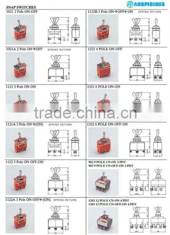 3 Pole Spring Return ON->(ON) Toggle Switch, Snap Switch (1121A)