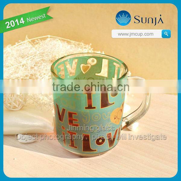 Hot sell customized printing decal glass cup mug with handles coffee drinking glass mugs cup glasses