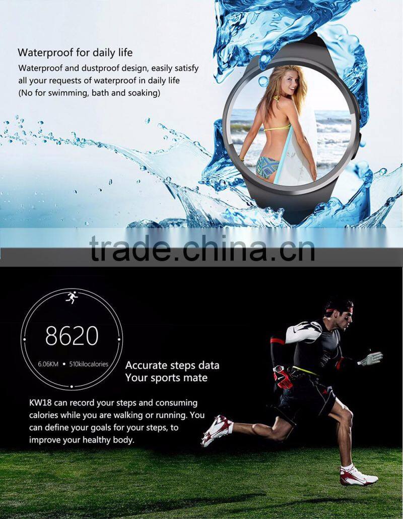 2016 hot product KW18 Smart Watch Smart Phone NFC SIM FOR IPHONE & SAMSUNG