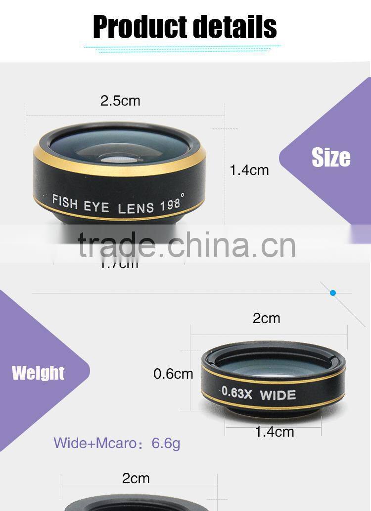 Europe and America hot selling anti-slip clip 198 degree fisheye lens mobile phone camera lens for iPhone Samsung HTC LG Huawei
