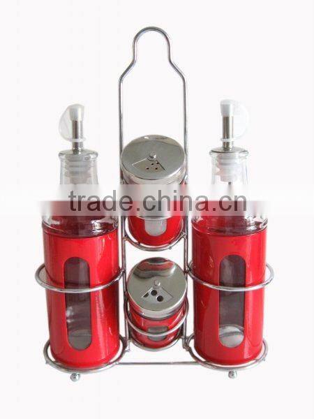 condiment Vinegar dispenser glass bottle set metal holder