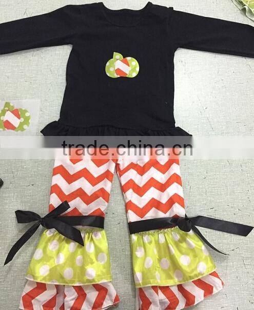 2015 yiwu koya factory wholesale pumpkin halloween girls fall boutique outfit white top hairbow ruffle pant set boutique outfits