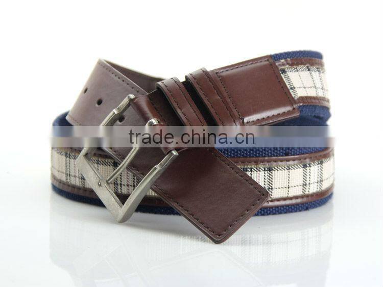 Men's 32mm Casual Check Webbing Canvas Belt with Tan Leather Inlay