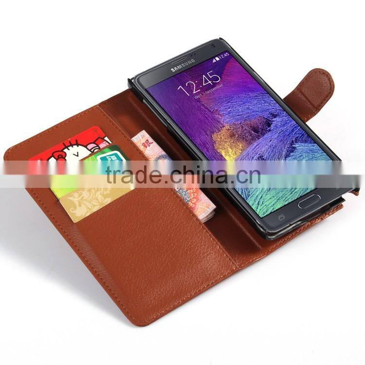 Hot Selling Ultra Thin Lichee PU Leather Case Wallet Folio Flip Cover for Samsung GALAXY Note 4