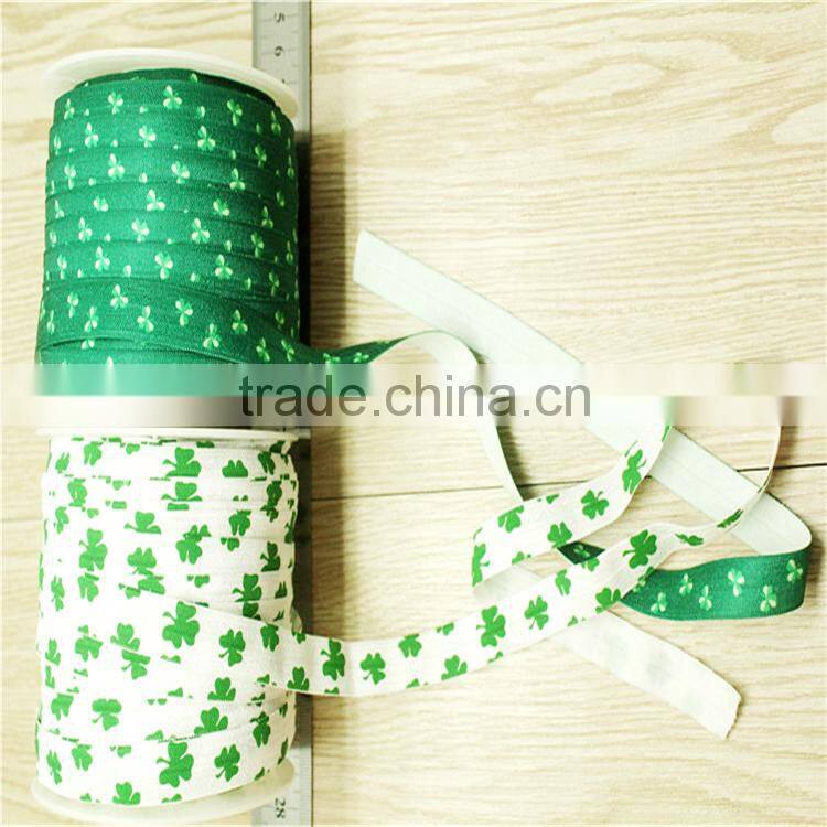 Wholesale print clover fold over elastic hair tie ,5/8'' FOE headband hairbands,50yards in spool
