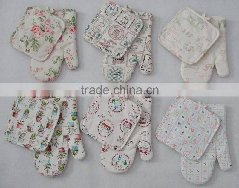 cotton linen printing pot holder and glove set
