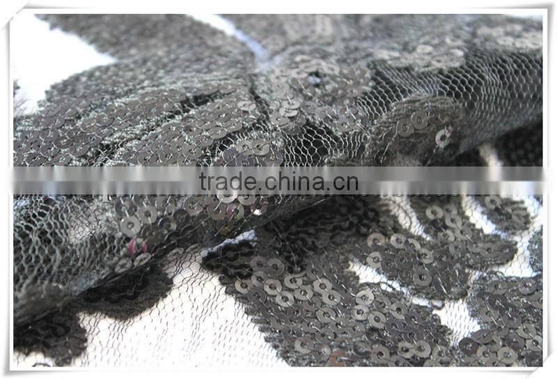 New design round eye net fabric with embroidery sequin, black sequin flower tulle fabric for wedding dress