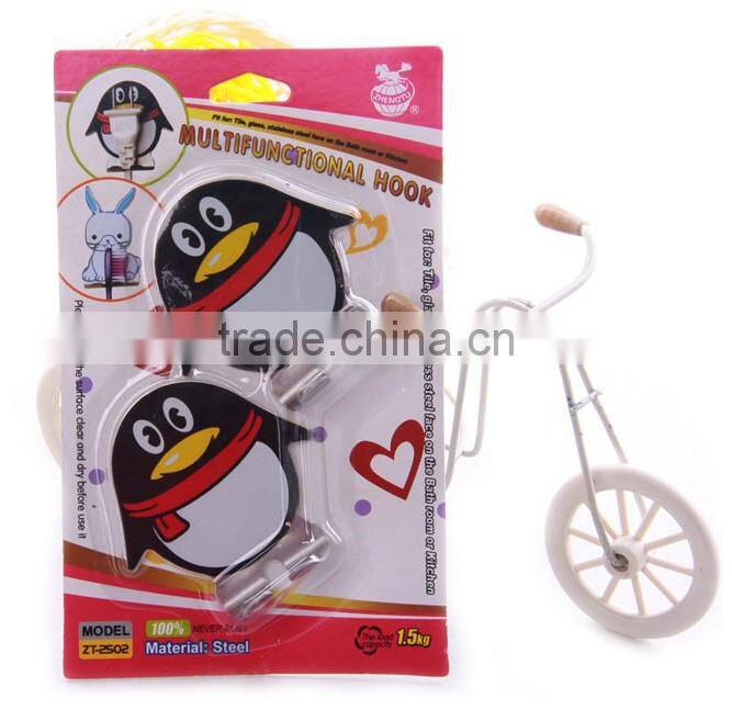 multifunctional cute QQ penguin shaped stainless steel sticky hanger hooks 2pcs set