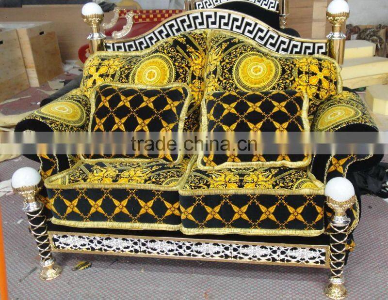 Italy Gorgeous 18/24K Gold Plated Living Room Furniture/ European Classic Royal Brass Carving Fabric Upholstery Gilded Sofa Set