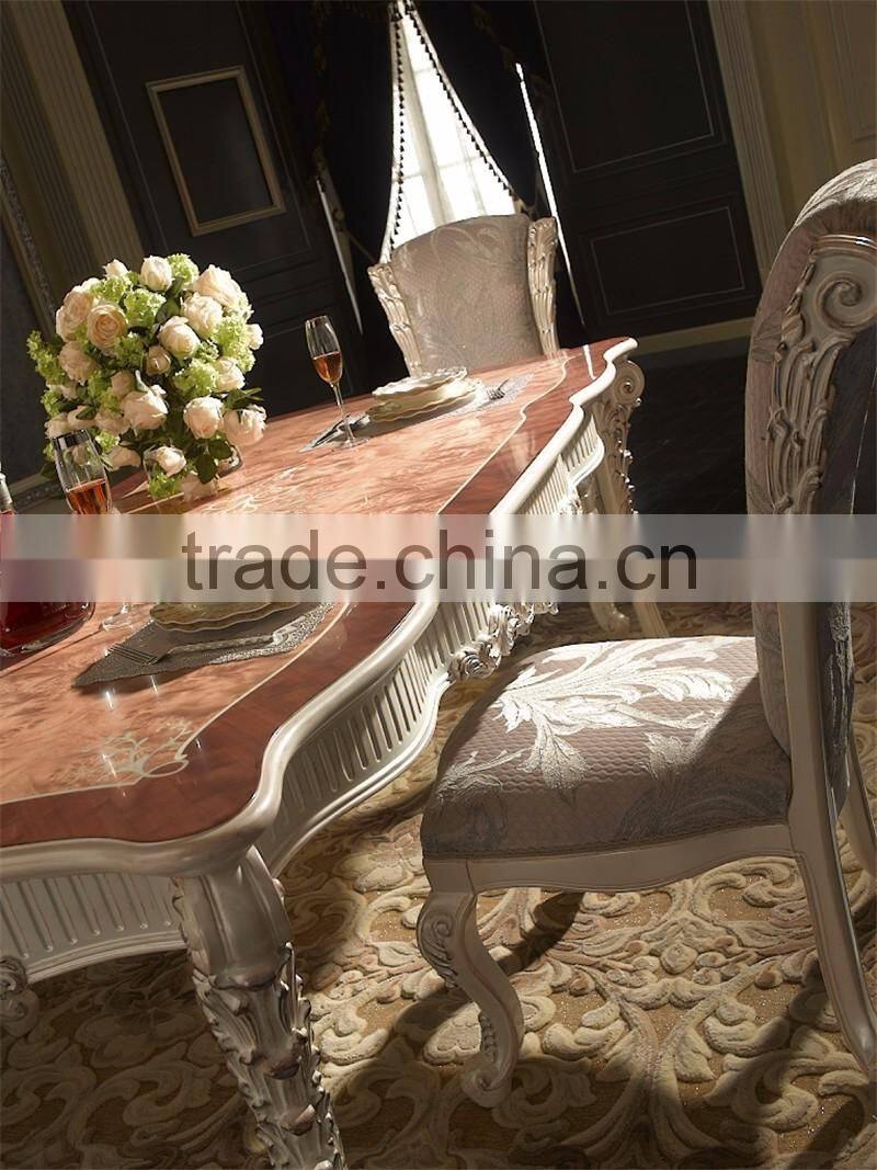 A Very Fine Carved Rectangular Dinner Party Dining Table Set, White Delicate Painting Silver Foil Dining Table Set