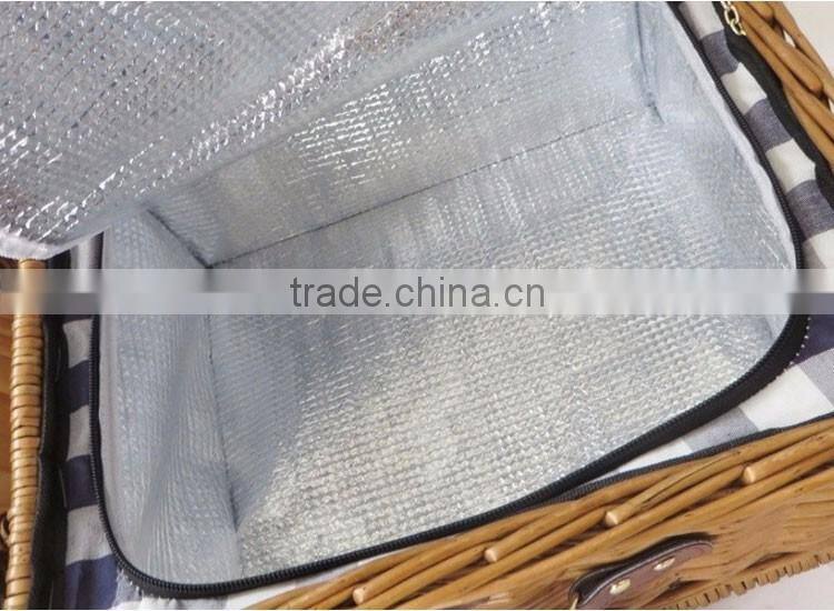 China customized cheap 2 person type insulation wicker willow picnic basket with cheeseboard cooler bag