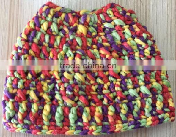 Girls Colorful Crochet Bun Ponytail Hat