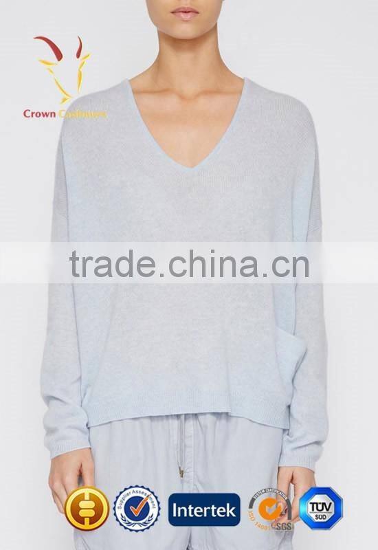 Ladies Deep V Neck Light Blue Cashmere Pullover Sweater