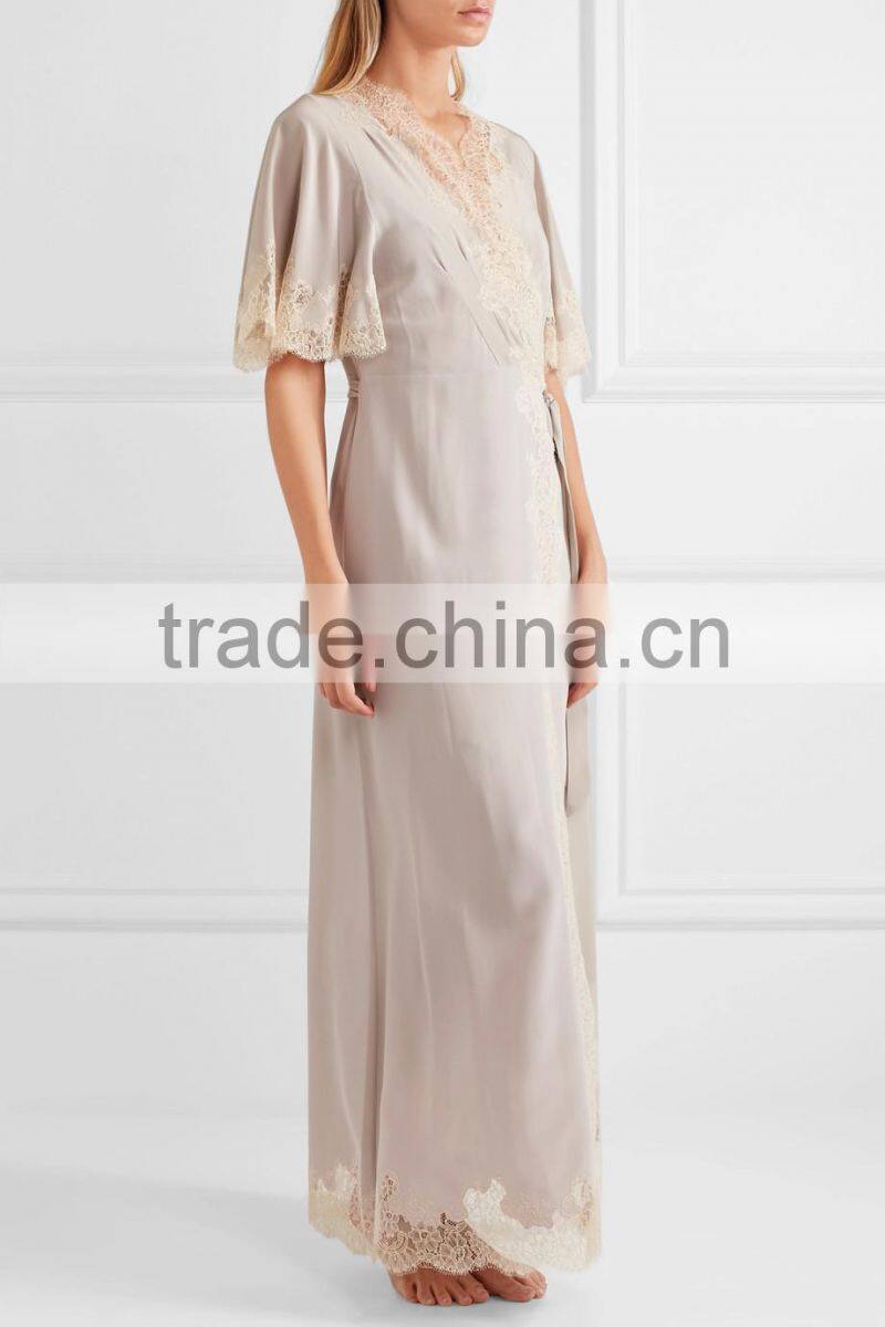 2017 new arrival ladies luxury silk satin long robe, weedning gift robe, lace-trimmed silk-satin robe