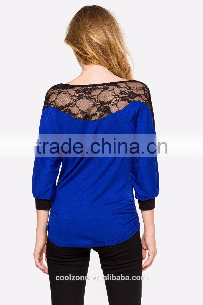 3/4Sleeve contrast trims lacey yoke lady blouses for women summer 2015