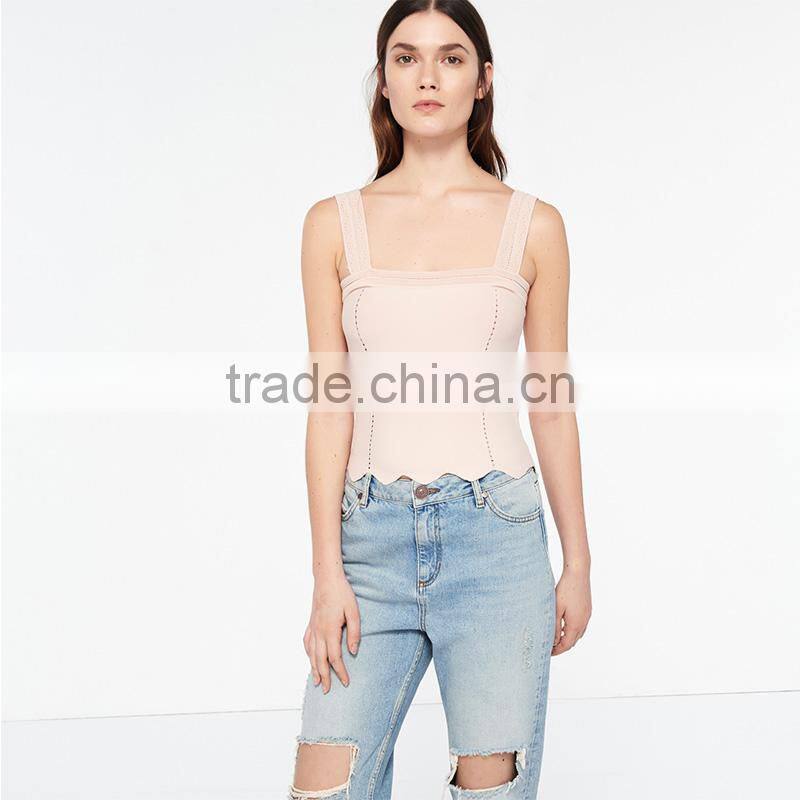 Stitched knit geometric motifs wavy hem wide straps design tank tops