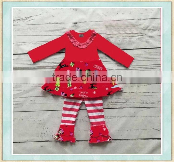 2017 Christmas kids clothes red top with pocket match strip ruffle pant boutique children clothing