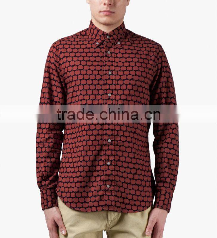 new design cheap Navy/Red Apple Print Vintage Button Down Shirt
