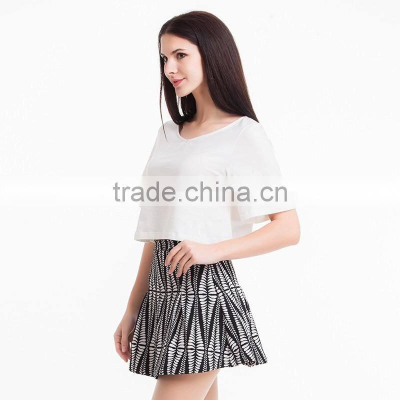 womens fashion style white blank loose classic V-neck crop tops/t shirt