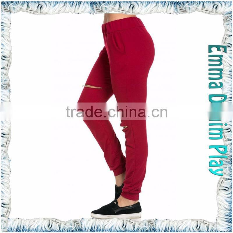 2017 Women High End Gold Zippers Knee Burgundy Jogger Pants