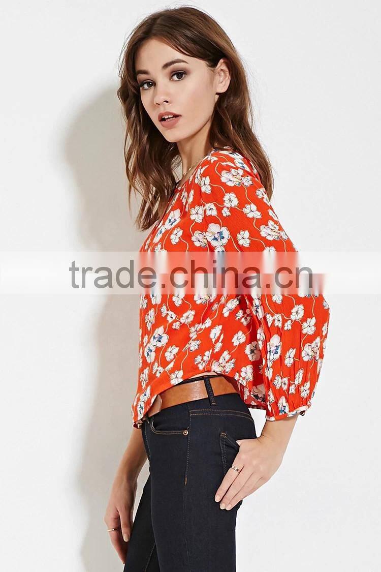 2016 high quality printed cotton fashionable summer long sleeve butterfly blouse
