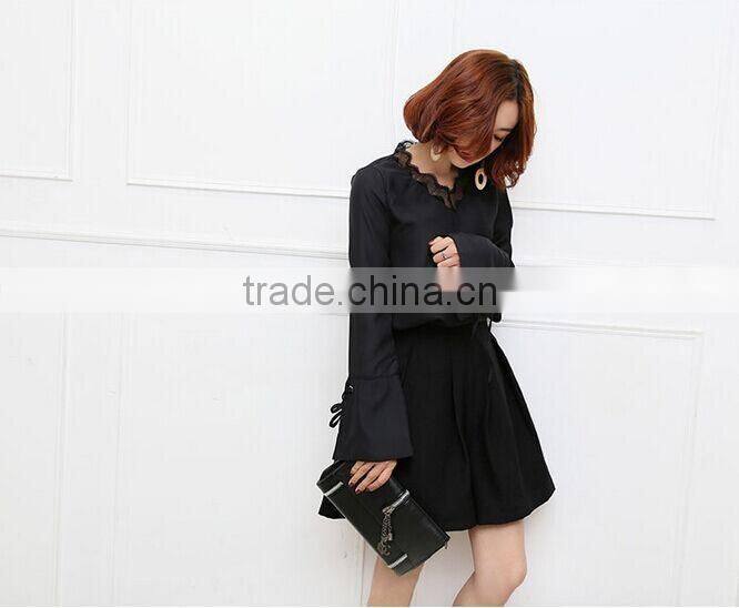 Hot sales!!!2017 Latest Ladies black lace v neck chiffon shirt