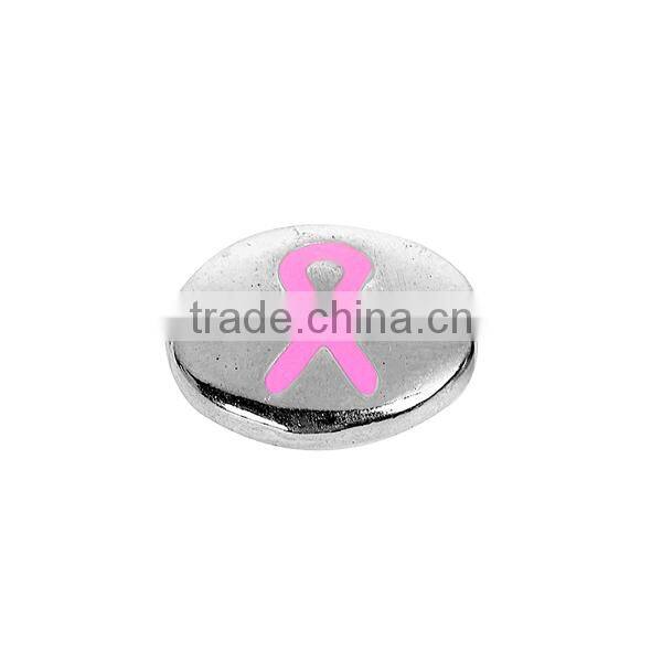 Zinc Based Alloy Spacer Beads Flat Round Silver Tone Pink Ribbon Enamel