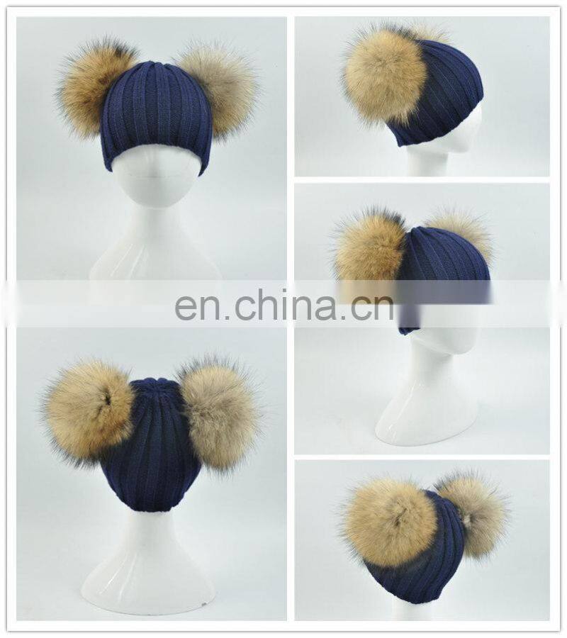 High Quality Kids Knitted Beanies Hat Double Big Raccoon Fur Pom Pom Hat Baby
