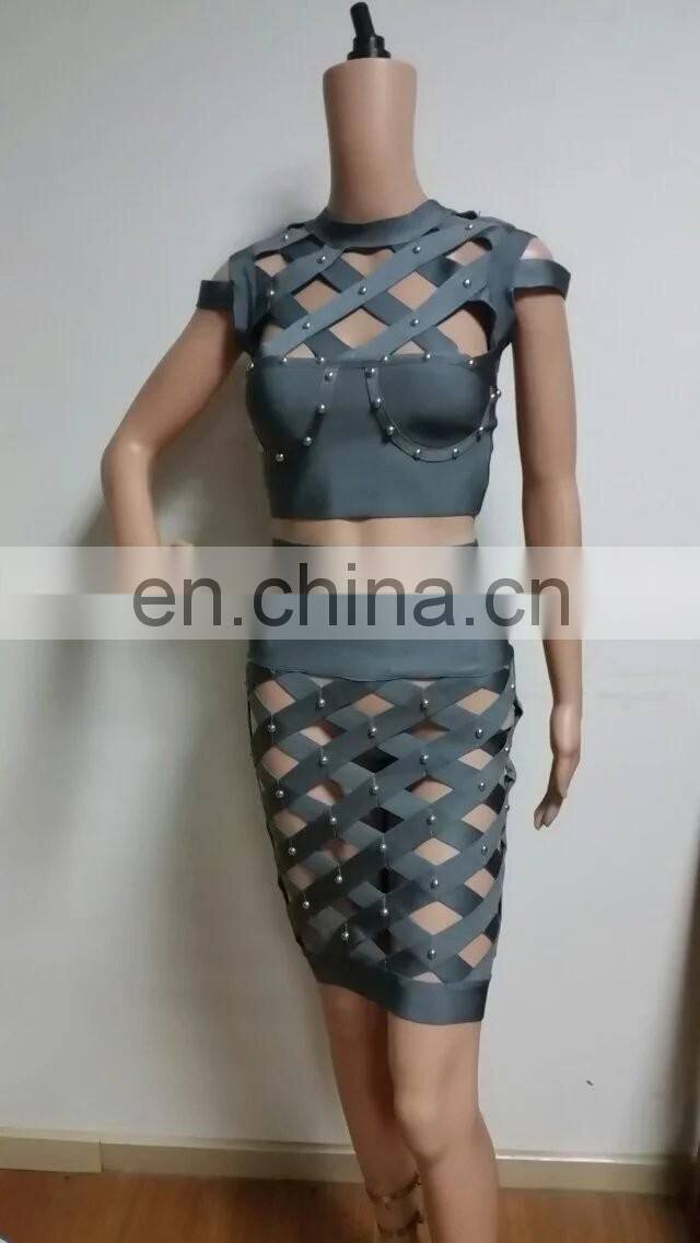 Amigo 2017 two pieces beaded bandage dress suit gray sexy cut out evening dresses with cap sleeve top and midi skirt for ladies