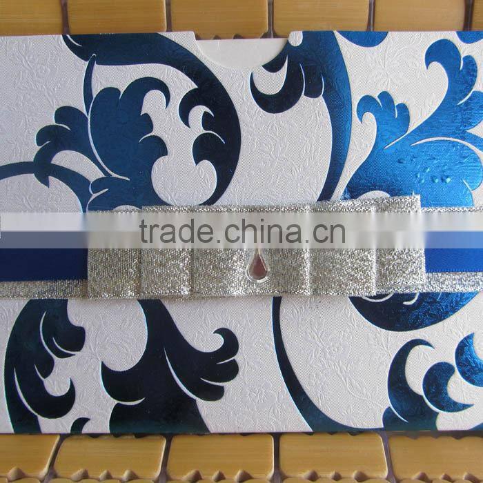 Amazing Silver Ribbon Pocket Fold English Wedding Invitation Card