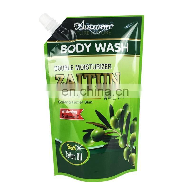 Plastic stand up nylon pouch packing body wash goat milk gel liquid packaging spout bag with cap