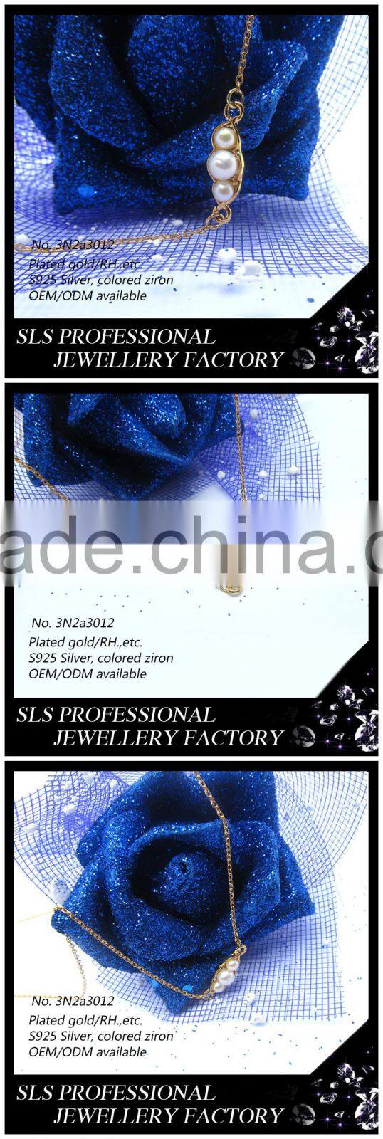 2015 Latest design simple and generous 925 sterling silver yellow gold plated zirconia pearl necklace for ladies