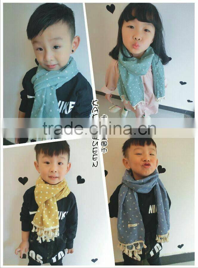Hot Selling Star Printed Tassel Lace Brim Sewed Boys Girls Kids Linen Cotton Scarf