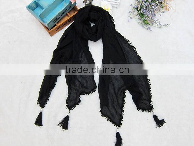 Fashion Latest Large Long Plain Cotton Linen Embroidery Lace Brim Tassel Scarf Shawl