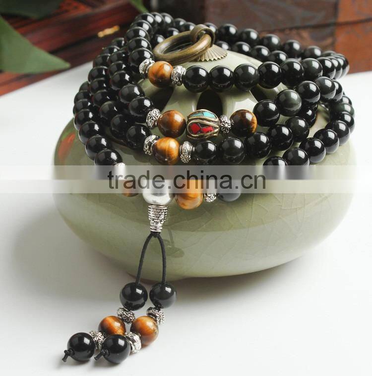8mm Multilayer yellow Tiger Eye and black Obsidian Malas Prayer Beads Bracelet
